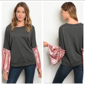 One By One gray sweatshirt with pink velvet bell sleeves